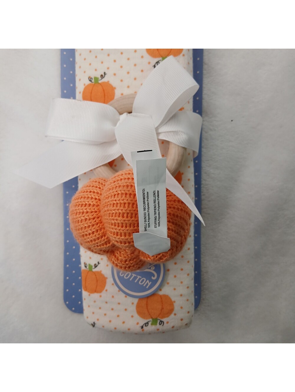 Ladi Ladi Pumpkin Muslin Swaddle Blanket Crochet Wooden Ring Rattle Set 2 Pk - Picture 4 of 5